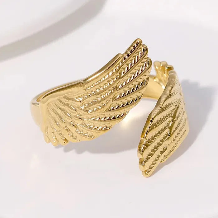 Stainless Steel Feather Ring Punk Gold Wide Edge Open Finger Jewelry Fashion