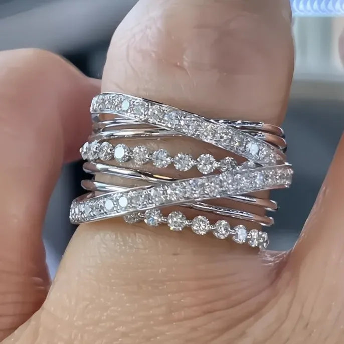 Luxury Silver Cross Bridal Wedding Ring for Women Paved CZ Brass Jewelry