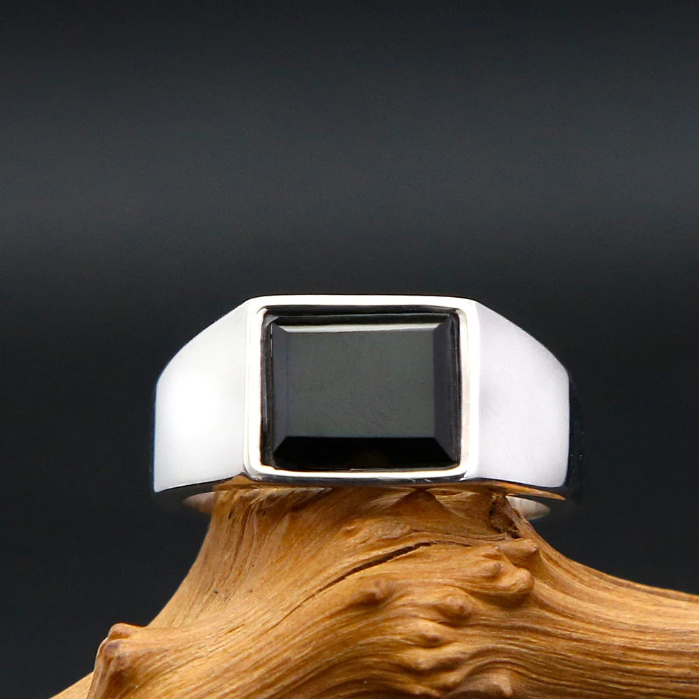 Punk Vintage Black Gemstone Ring Stainless Steel Biker Jewelry for Men Women