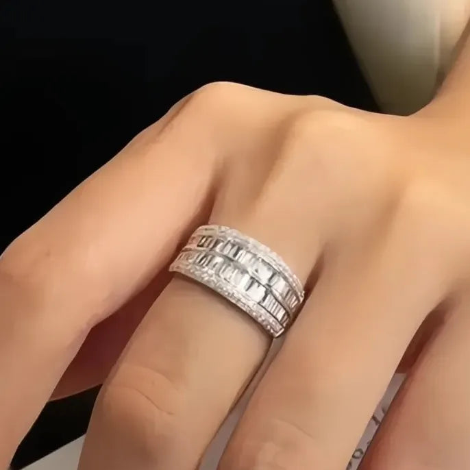 Wide Geometric Brass Ring with Cubic Zirconia Pavé Wedding Band for Women