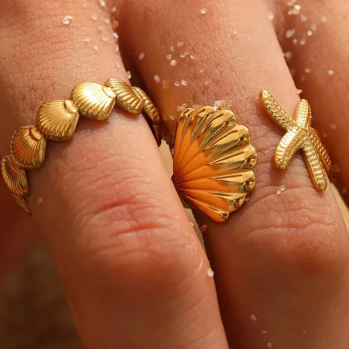 Adjustable Stainless Steel Sea Star Shell Ring Vintage Gold for Women Men Jewelry