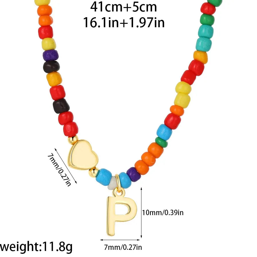 18k Gold Plated Alphabet Letter Pendant Necklace Beads Mini Heart Choker Women