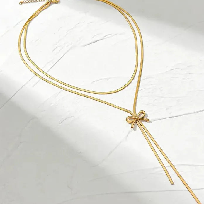 French Style Retro Minimalist Bow Necklace for Women Stainless Steel Pendant Jewelry