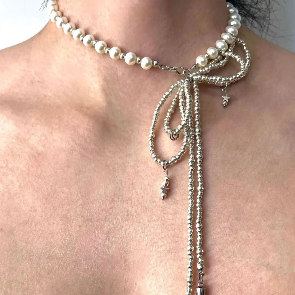 Punk Imitation Pearl Bowknot Hiphop Metal Bead Tassel Necklace Unisex