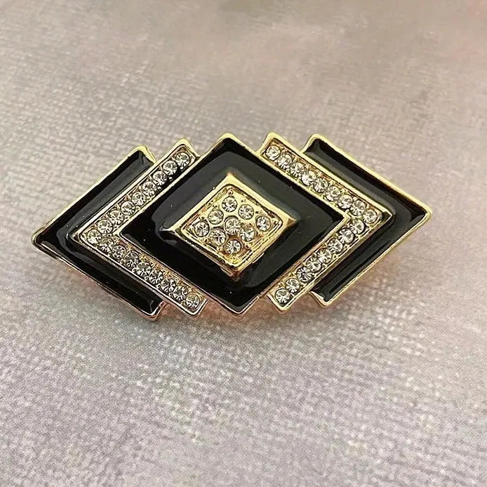 Vintage Women's Geometric Rhombus Rhinestone Brooch Pin Black White