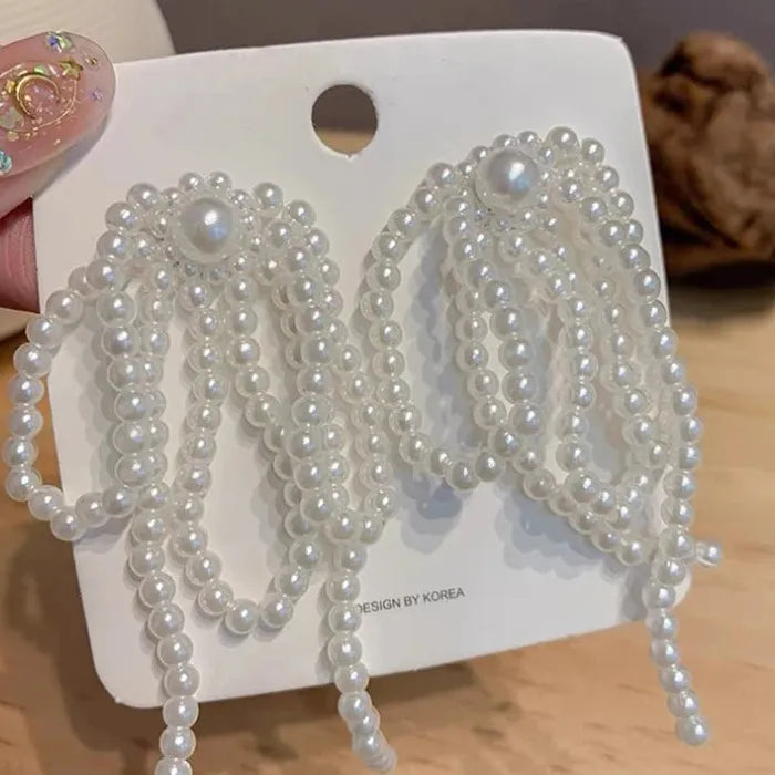 2026 Korean Handmade Zinc Alloy Bow Pearl Tassel Earrings for Women