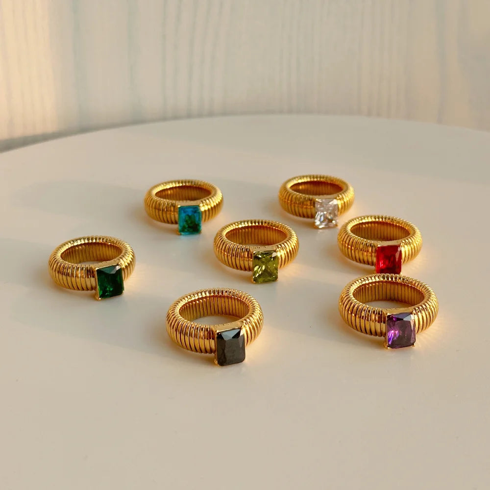 Punk Multicolor Crystal Ring for Women 18K Gold Plated Waterproof Thick Square Ring