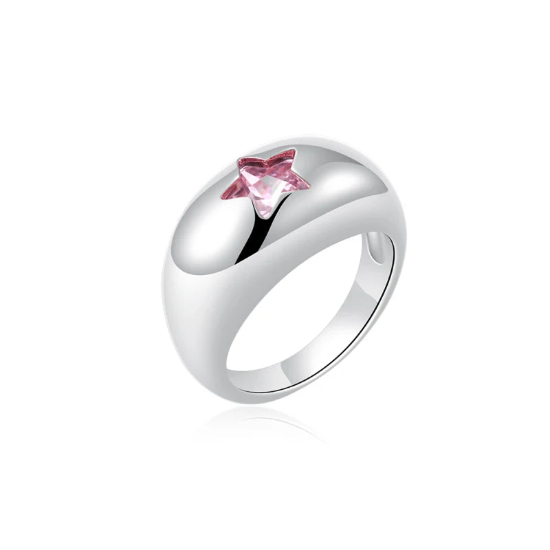 Chunky Dome Star Wedding Ring Stainless Steel CZ 18K Gold Plated Bridal Jewelry