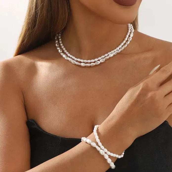 Vintage White Imitation Pearl Double Layer Elastic Choker Necklace Women Wedding Jewelry