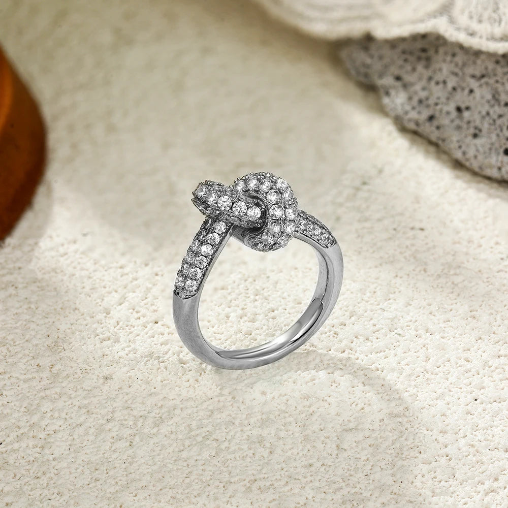 18k Gold Plated Stainless Steel Zircon Geometric Knot Ring Women Waterproof Wed Band