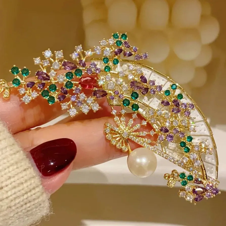 Vintage Chinese Violet Vine Folding Fan Brooch Pin for Women