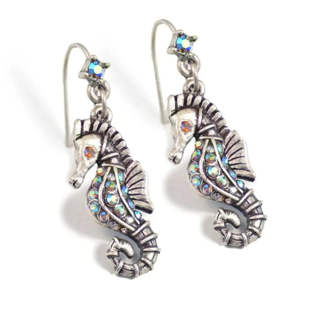 Silvery Metal Seahorse Drop Earrings with Blue Zircon for Women, Party Jewelry