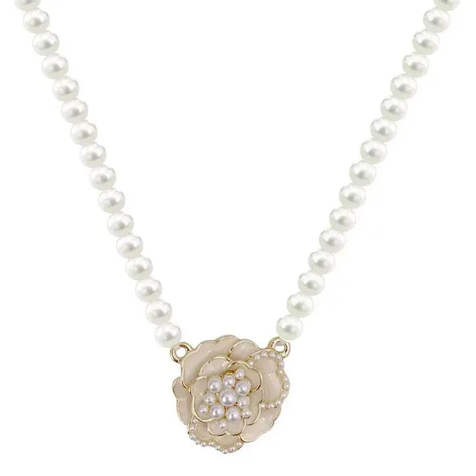 Vintage Camellia Pearl Pendant Necklace for Women Wedding Jewelry Gift