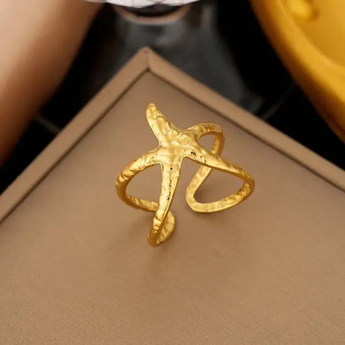 Stainless Steel Adjustable Starfish Open Ring Vintage Gold Jewelry Trendy
