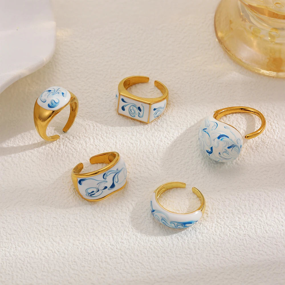 18k Gold Plated Stainless Steel Blue White Porcelain Waterdrop Dome Ring Geometric