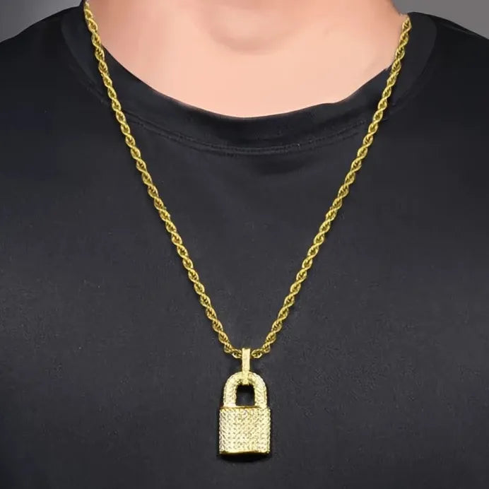 Rock Lock Cubic Zirconia Pendant Necklace Unisex Hip Hop Statement Jewelry