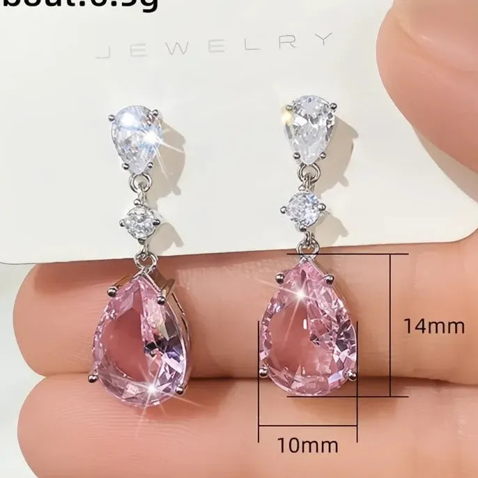 Temperament Sweet Pink Pear Cubic Zirconia Drop Earrings for Women Engagement Party Jewelry