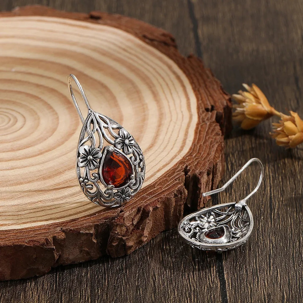 Needle Women's Red Stone Stud Hoop Earrings Zinc Alloy Bohemia Jewelry