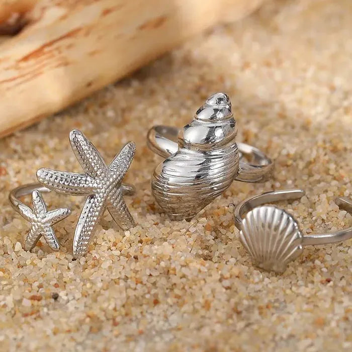 Adjustable Stainless Steel Starfish Conch Shell Ring for Women Gift Jewelry Gold