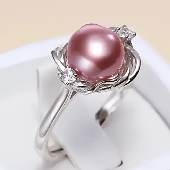 Silver Flower Ring with Pink Pearl & CZ Inlay Brass Cocktail Jewelry for Women