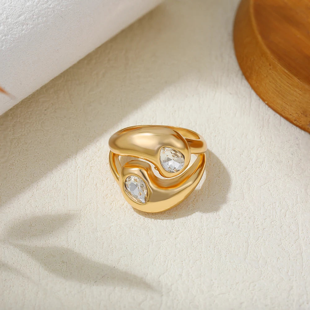 18K Gold Plated Geometric Zircon Chunky Dome Wide Knuckle Ring for Women