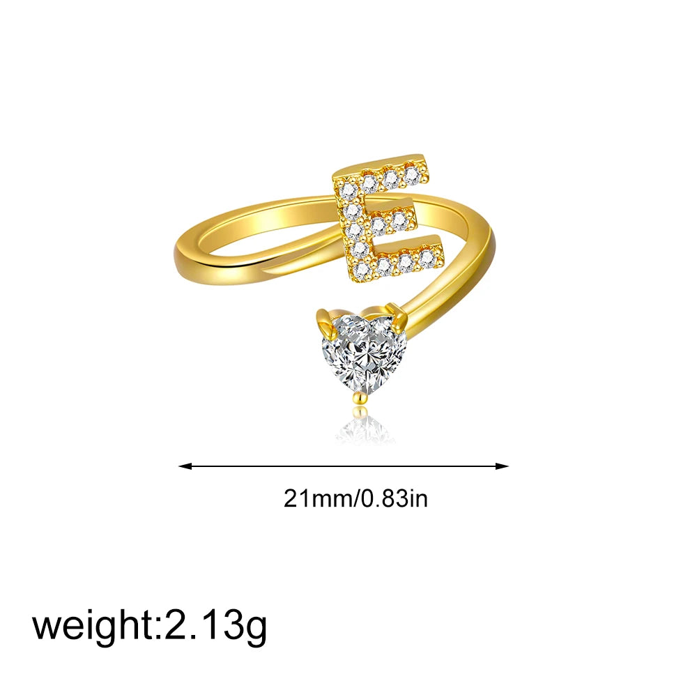 Polished Gold Plated Copper A-Z Letter Initial Ring with Zircon Heart Wedding Jewelry