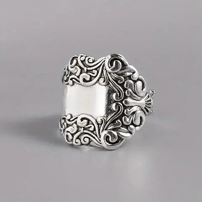 Punk Metal Carved Print Adjustable Silver Ring for Women Men Hip Hop Gift