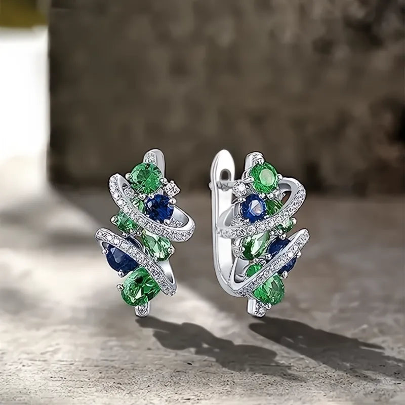 Green Blue Cubic Zirconia Hoop Earrings for Women Elegant Bridal Wedding Party Jewelry