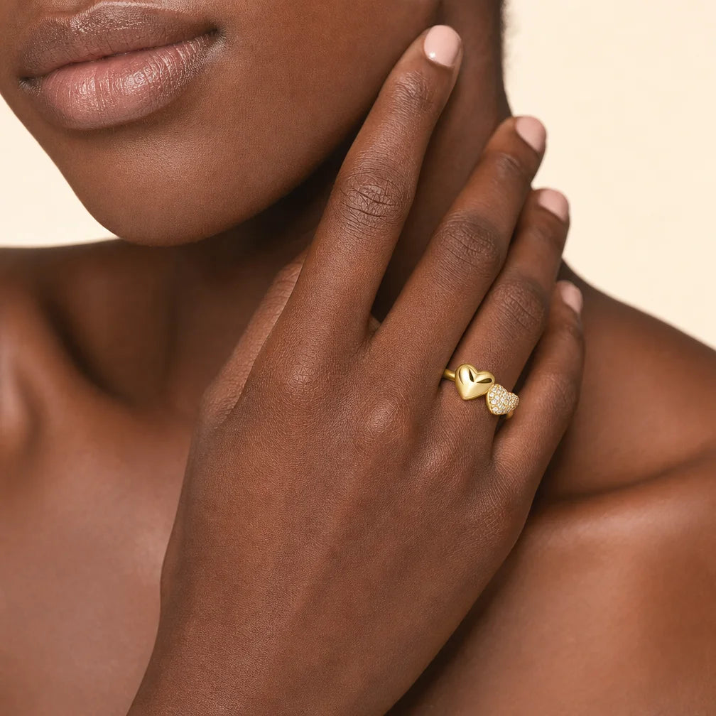 18K Gold Plated Double Heart Ring for Women Adjustable Micro Pave Zircon Jewelry