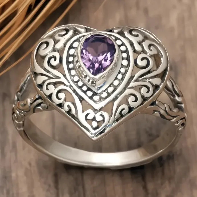 Vintage Heart Women’s Ring with Hollow Purple CZ Inlay Engraved Jewelry