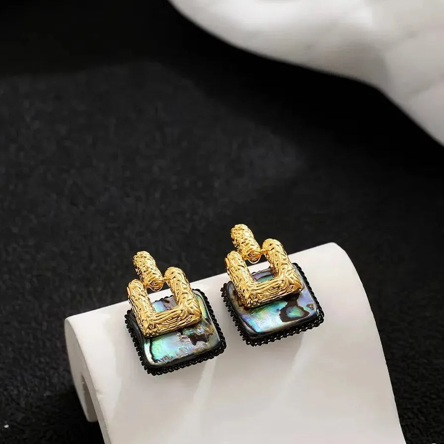 Natural Abalone Shell Pearl Stud Earrings Geometric Huggie Hoops CZ Necklace Choker