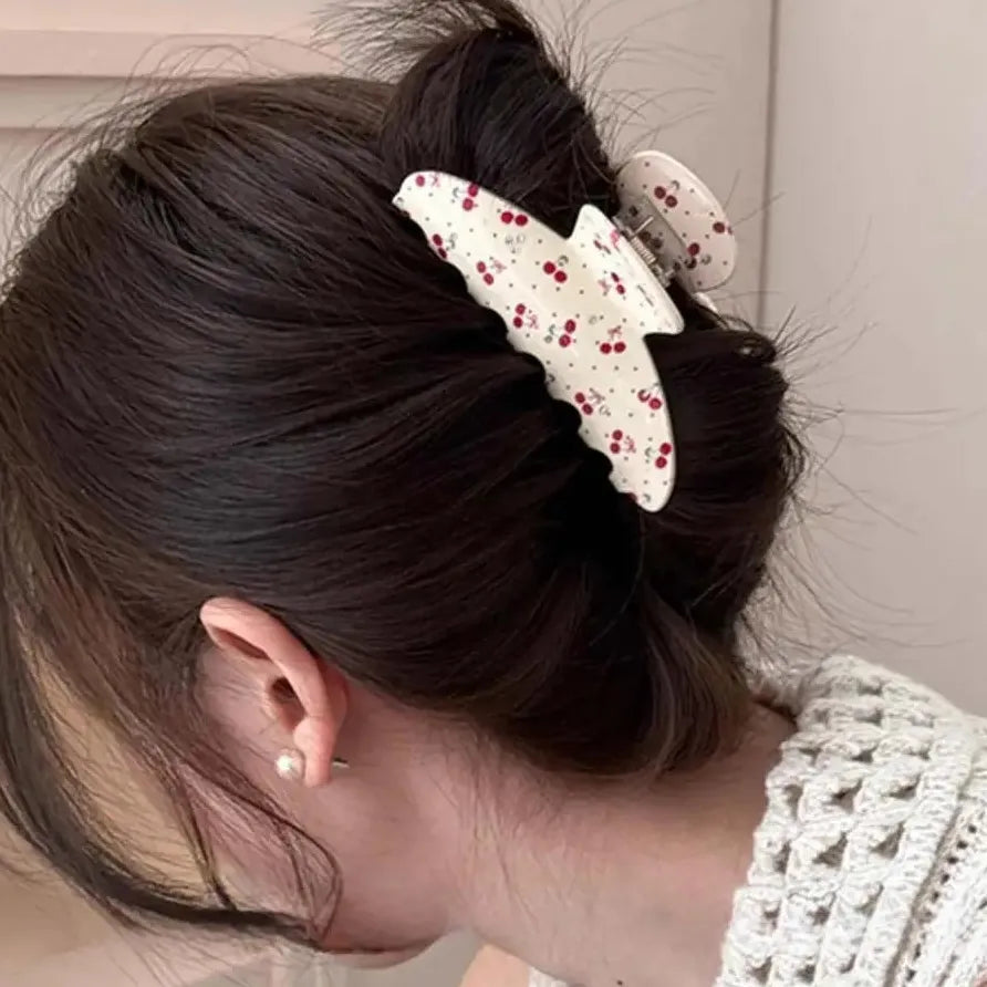Rectangular Sweet Cherry Flower Print Rhinestone Hair Claw Clip for Women