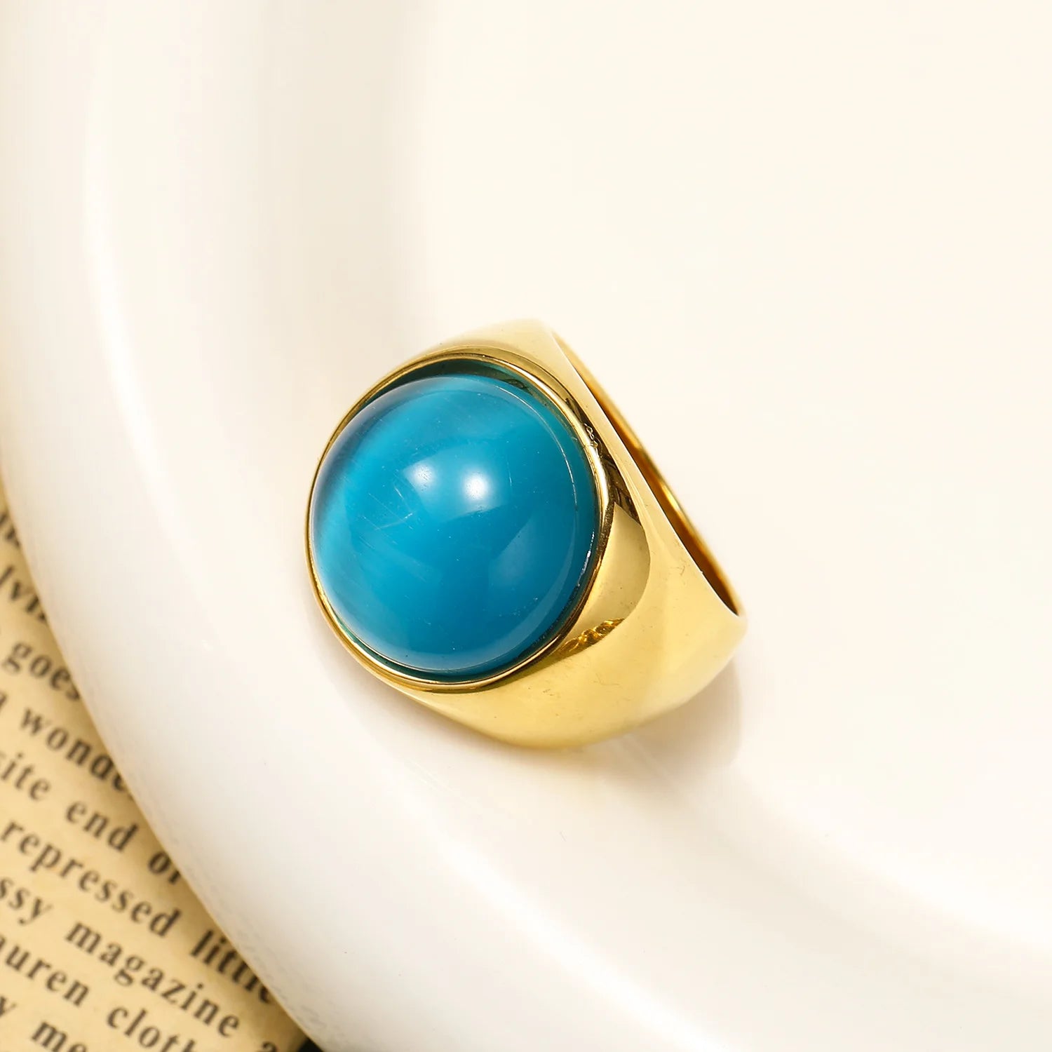 18K Gold Plated Stainless Steel Opal Cat's Eye Chunky Knuckle Ring Vintage Multicolor