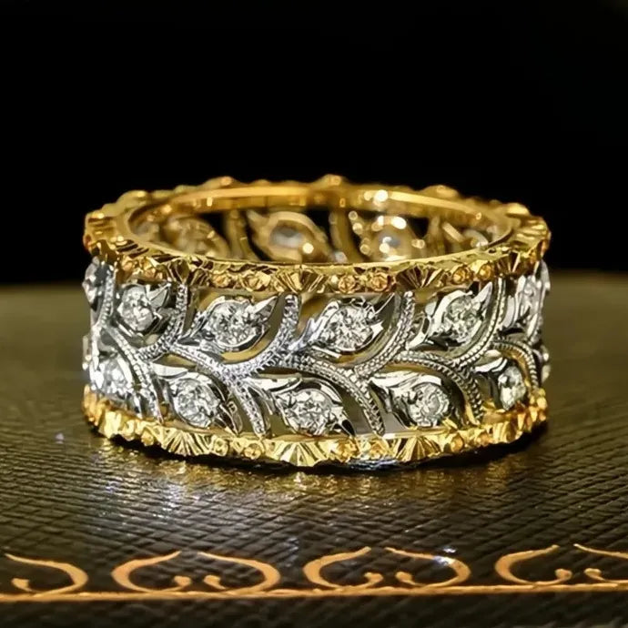 Two-tone Hollow-out Leaf Pattern Brass Ring with Cubic Zirconia for Women Wedding Jewelry