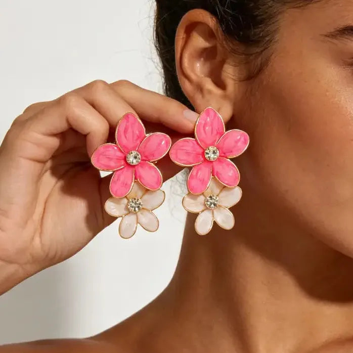 Vintage Double Layer Dripping Oil Flower Drop Earrings for Women Girls Stylish