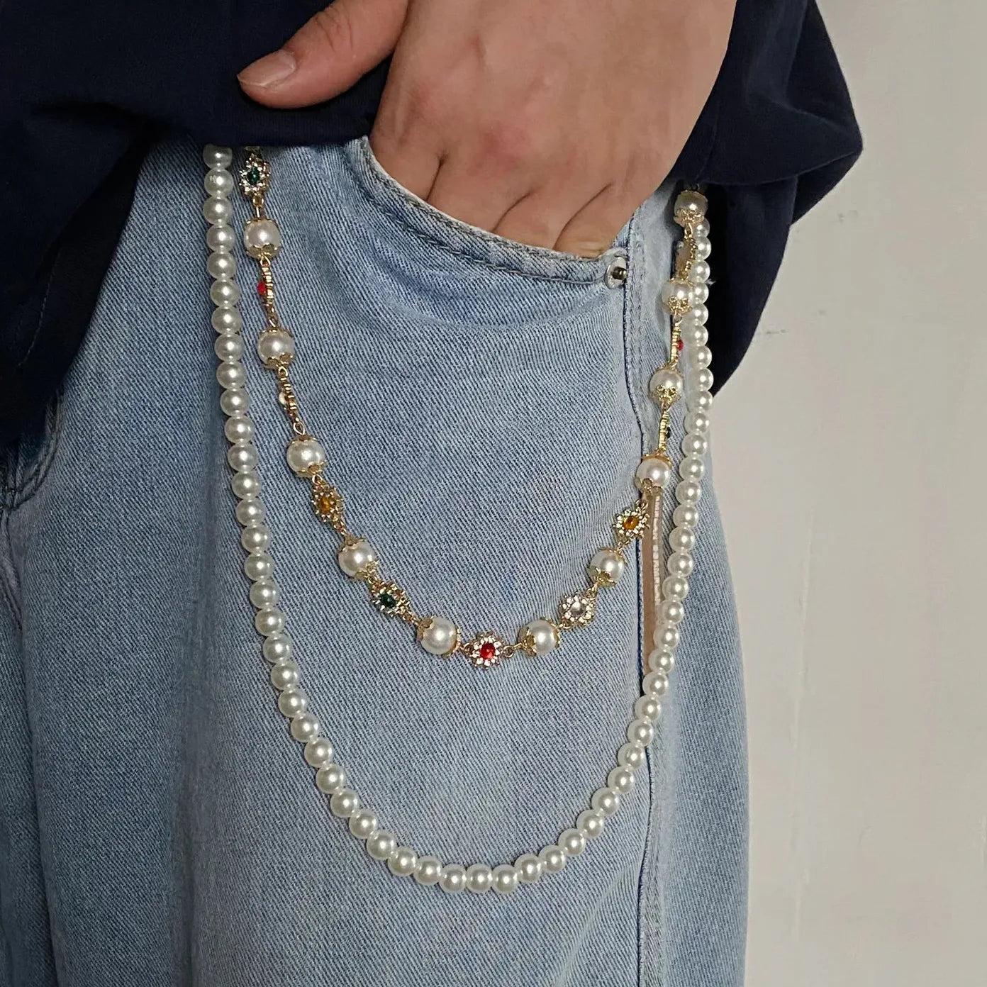Punk Gothic Zinc Alloy Cross Pendant Multi-Layer Pearl Waist Chain Jewelry