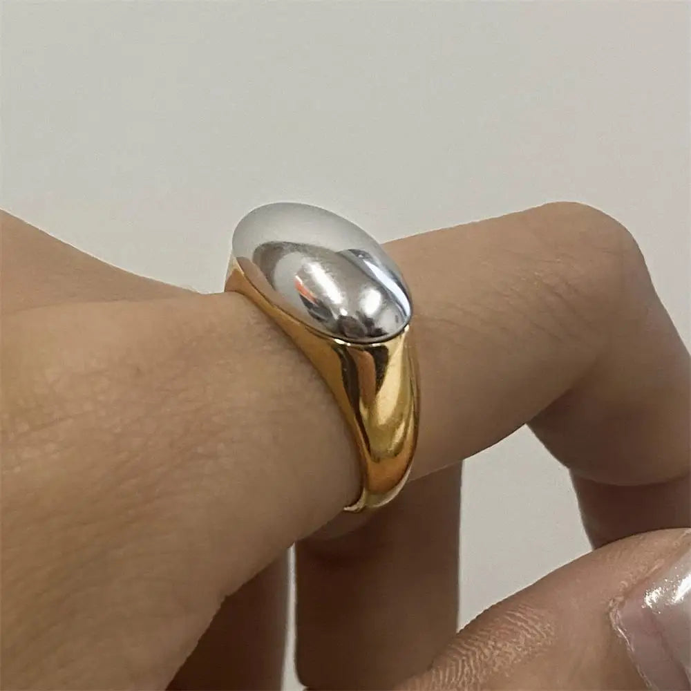 18k Gold Plated Two-Tone Polished Dome Punk Stainless Steel Ring Women