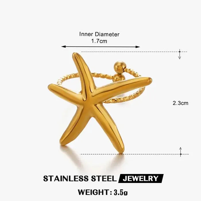 Adjustable Stainless Steel Gold Starfish Ring Vintage Beach Jewelry Women