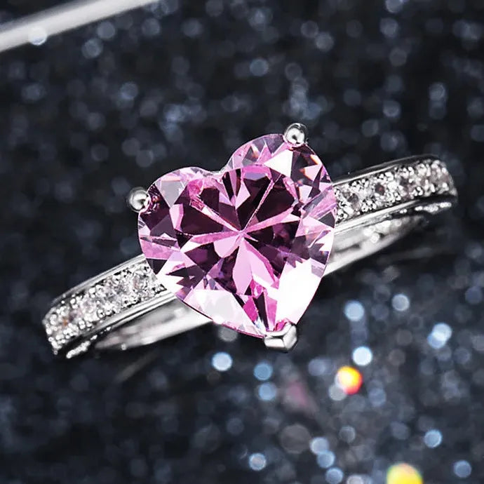 Luxury Zinc Alloy Heart Solitaire Women Engagement Ring Pink CZ Gift