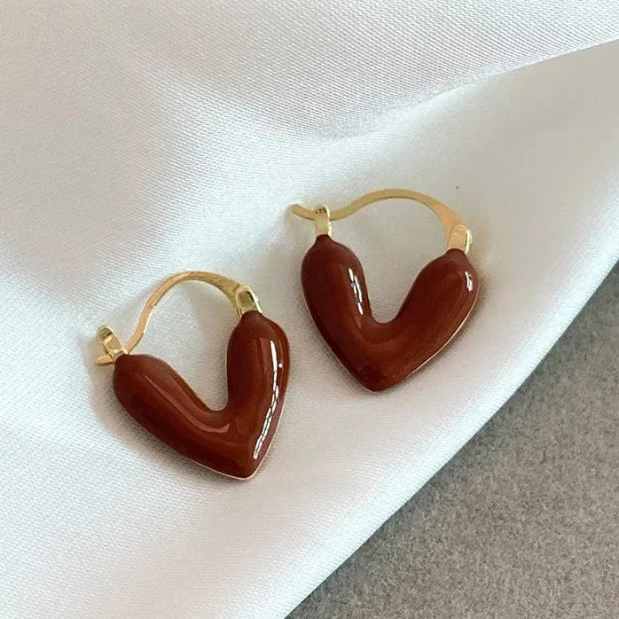 French Romantic Wine Red Enamel Heart Pendant Earrings Copper Alloy Jewelry for Women