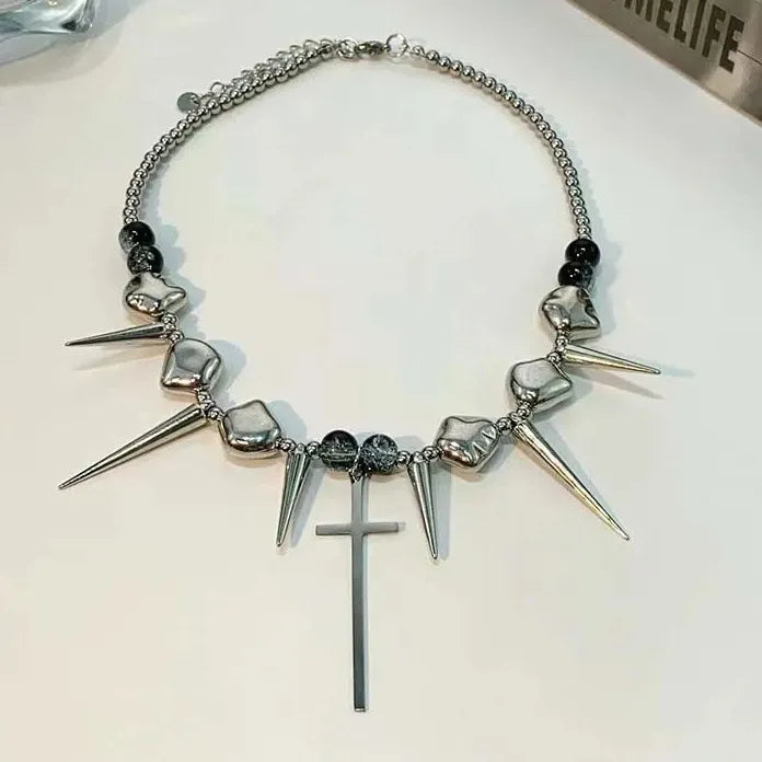 Retro Silver Rivet Cross Pendant Necklace Unisex Punk Hip Hop Y2K Gift