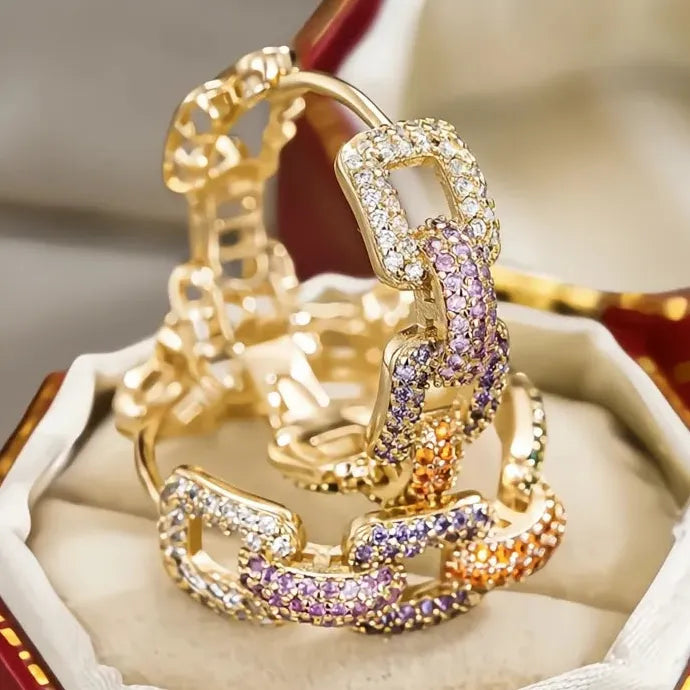 Geometric Chain Link Women Hoop Earrings Multi-Color CZ Copper Alloy