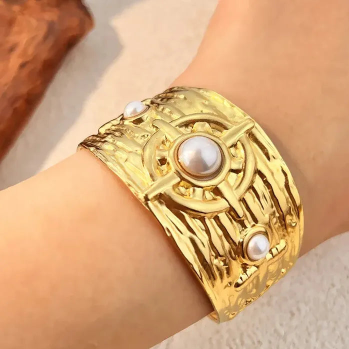 Imitation Pearl Wide Stainless Steel Open Cuff Bangle Bracelet Jewelry Party