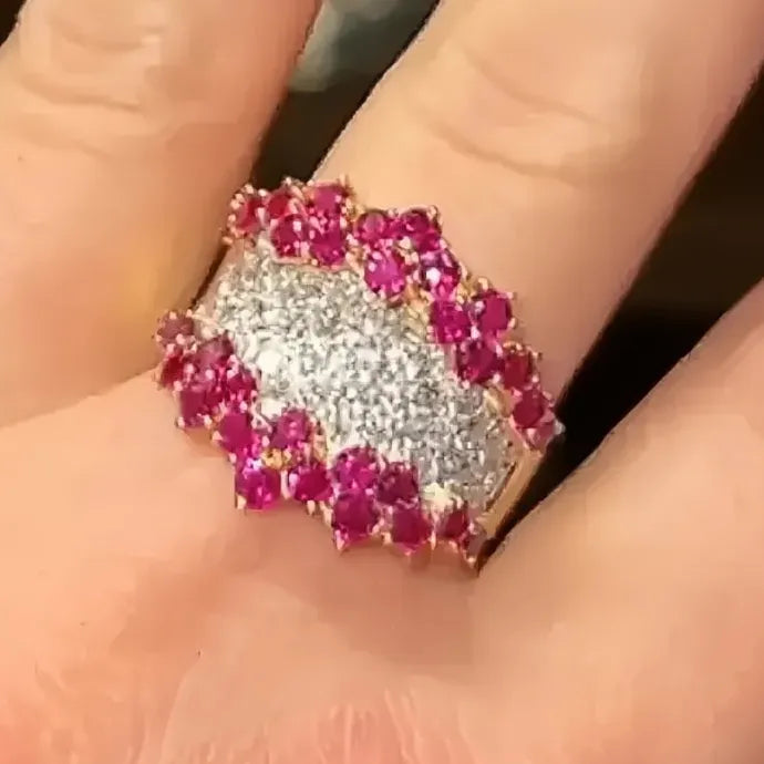 Gold Brass Cocktail Ring for Women with White & Red Cubic Zirconia Jewelry