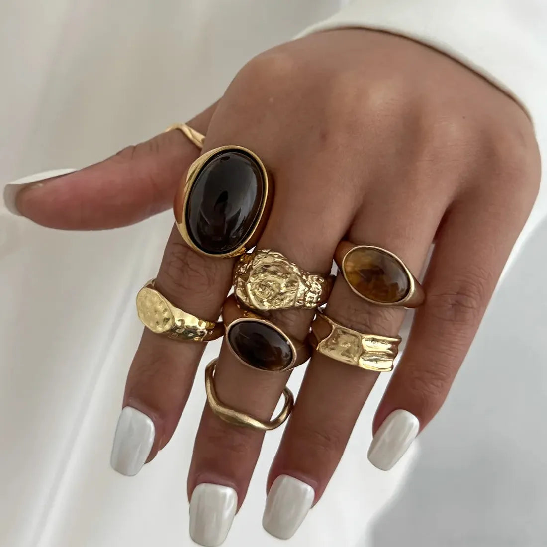 8Pcs Vintage Brown Geometric Stone Open Rings Set for Women Fashion Jewelry