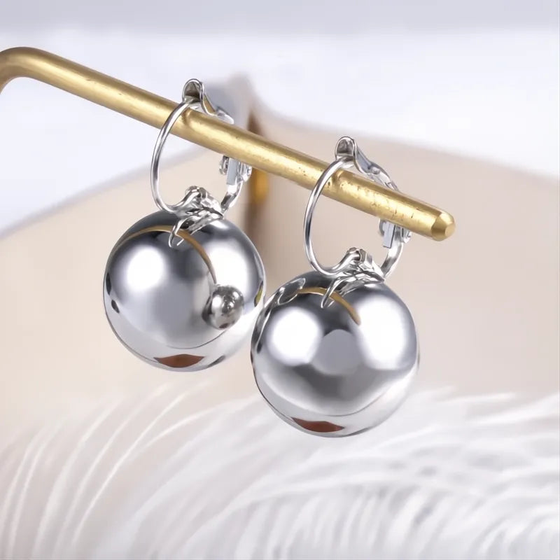 Simple Metallic Drop Earrings for Women Round Smooth Ball-Shape Pendant Copper Alloy Jewelry