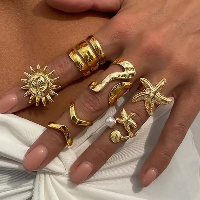 6Pcs Vintage Gold Starfish Pearl Knuckle Rings Set for Women Jewelry