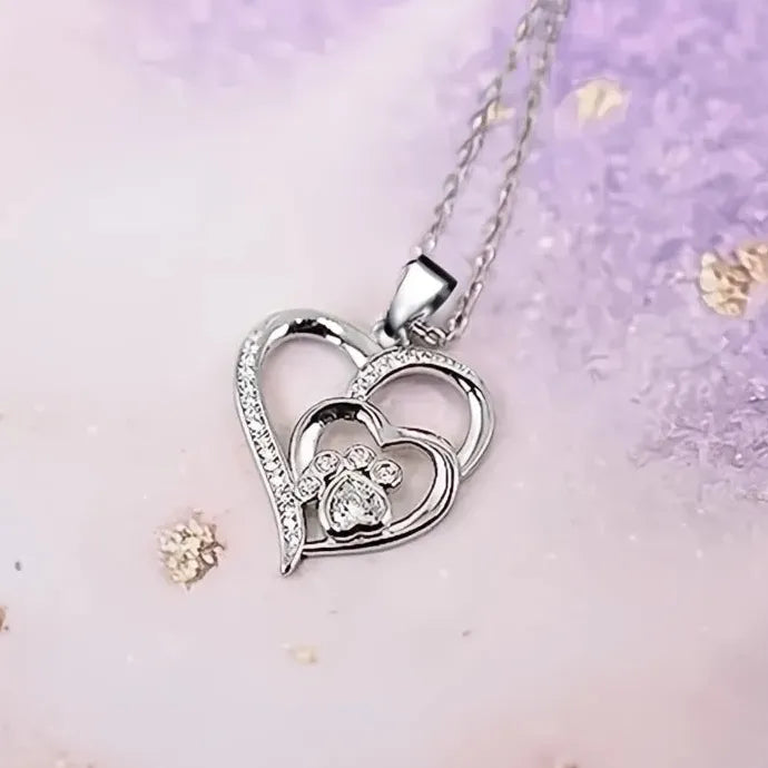 Double Heart Pendant Necklace with Paw Print CZ Copper Alloy Jewelry for Women
