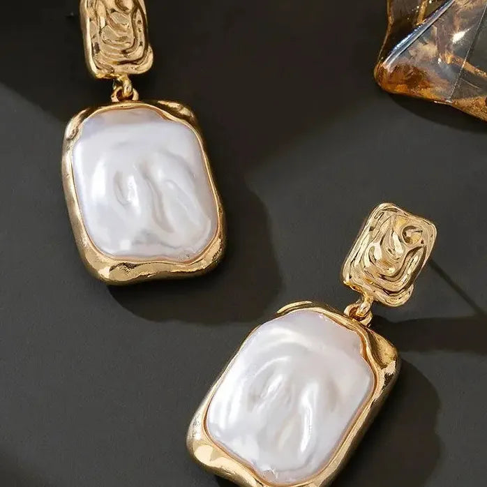 Vintage Gold Square Pleated Drop Earrings Featuring Simulated Pearl for Women