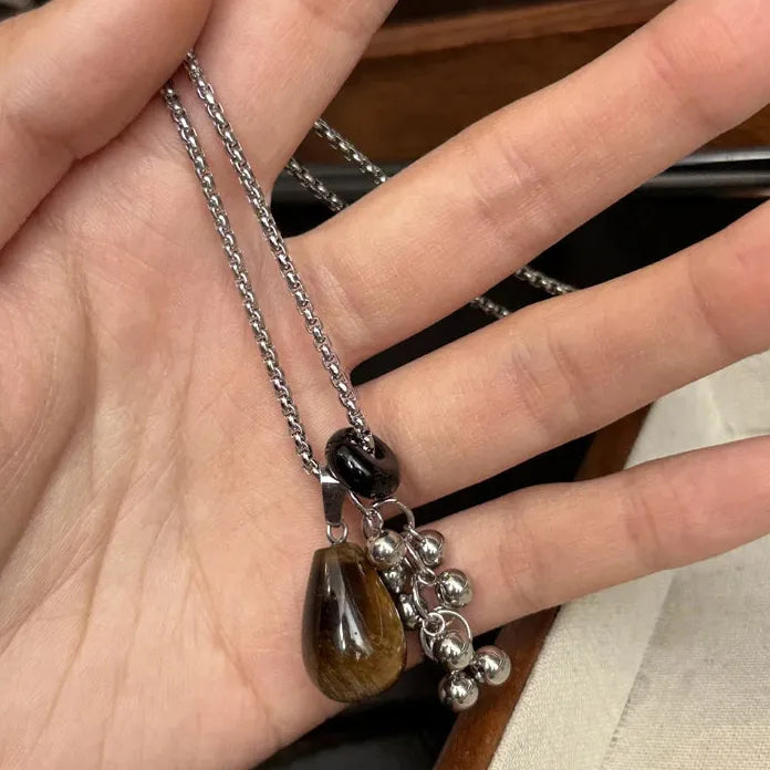 Tiger's Eye Natural Stone Teardrop Pendant Necklace Copper Chain Women